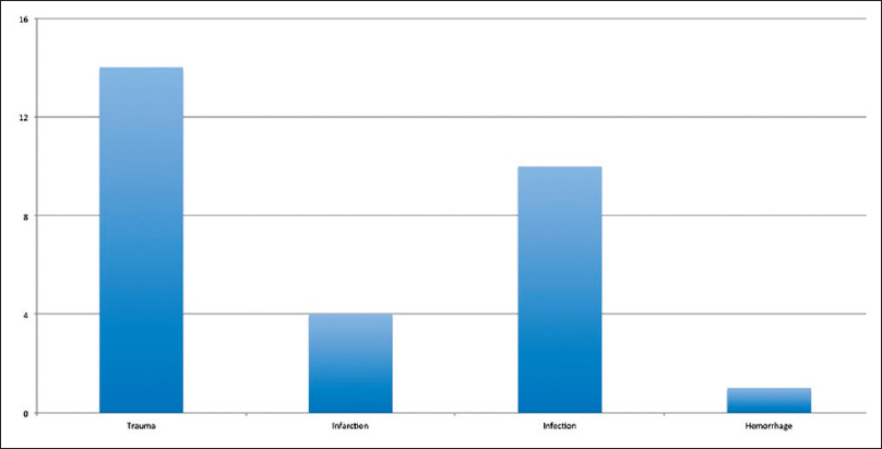 Bar graph demonstrating the distribution of etiologies for craniectomy