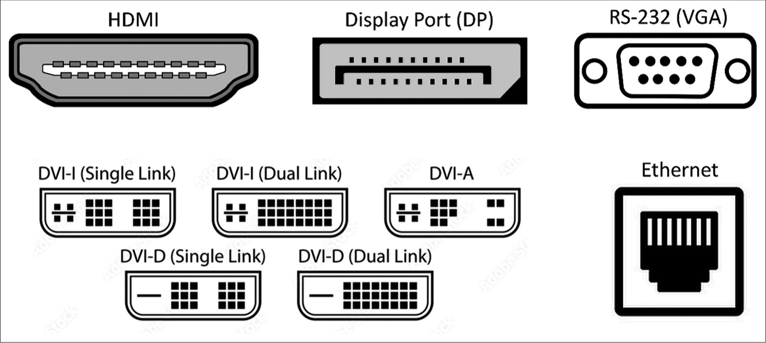 Vector images representing common types of video-out ports in multiparameter monitors.