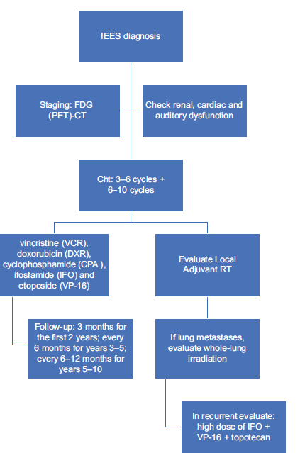 Flowchart of intradural extramedullary Ewing sarcoma management. VCR: Vincristine, CDDP: Cisplatin, DXR: Doxorubicin, IFO: Ifosfamide, CPA: Cyclophosphamide, VP-16: Etoposide, FDG (PET): Fluorodeoxyglucose - positron emission tomography, RT: Radiotherapy, IEES: Intradural extramedullary Ewing sarcoma.